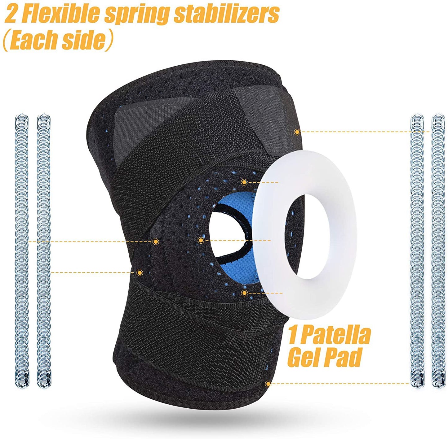 Kniestützen mit Federstabilisatoren und Gel-Patella-Pad zur Kniestütze - Einstellbare Kompressionspackung für Laufen, Arthritis, Meniskus, Tränen für Männer und Frauen