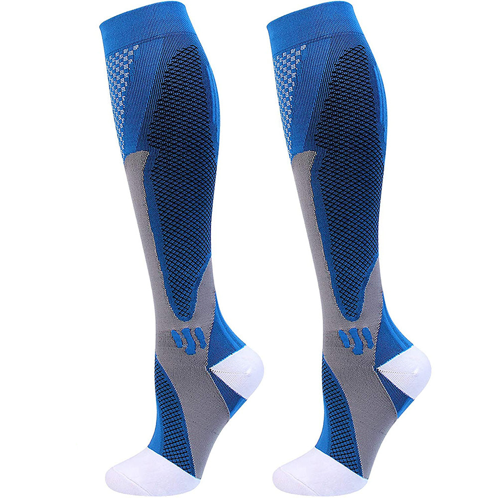 Blaue Kompressionsstrümpfe mit Strickzonen