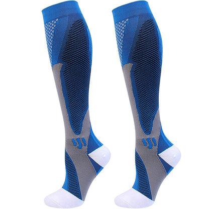 Blaue Kompressionsstrümpfe mit Strickzonen