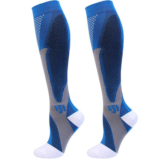 Blaue Kompressionsstrümpfe mit Strickzonen
