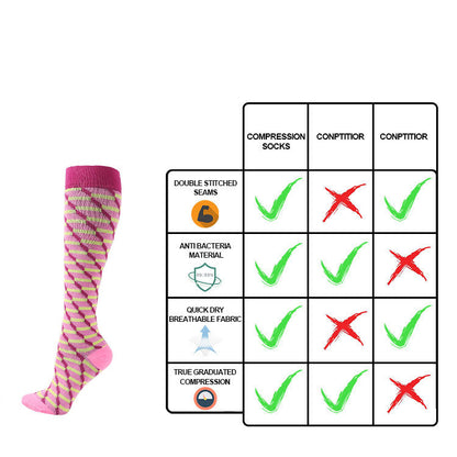 Kompressionsstrümpfe mit rosa-gelbem Zickzackmuster