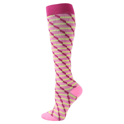 Kompressionsstrümpfe mit rosa-gelbem Zickzackmuster