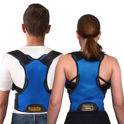 Rückenbandage aus blauem Mesh mit Schultergurten