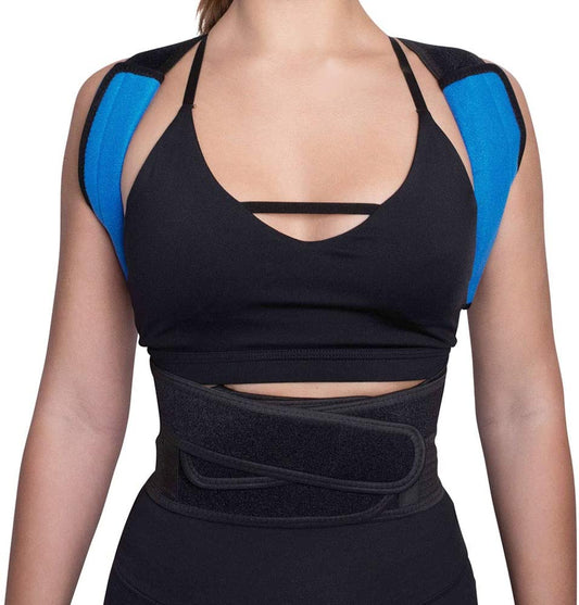 Rückenbandage aus blauem Mesh mit Schultergurten